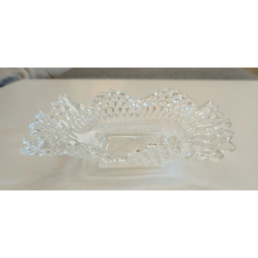 Vtg Clear Glass Imperial Diamond Point Ruffled Edge Candy Dish 7
